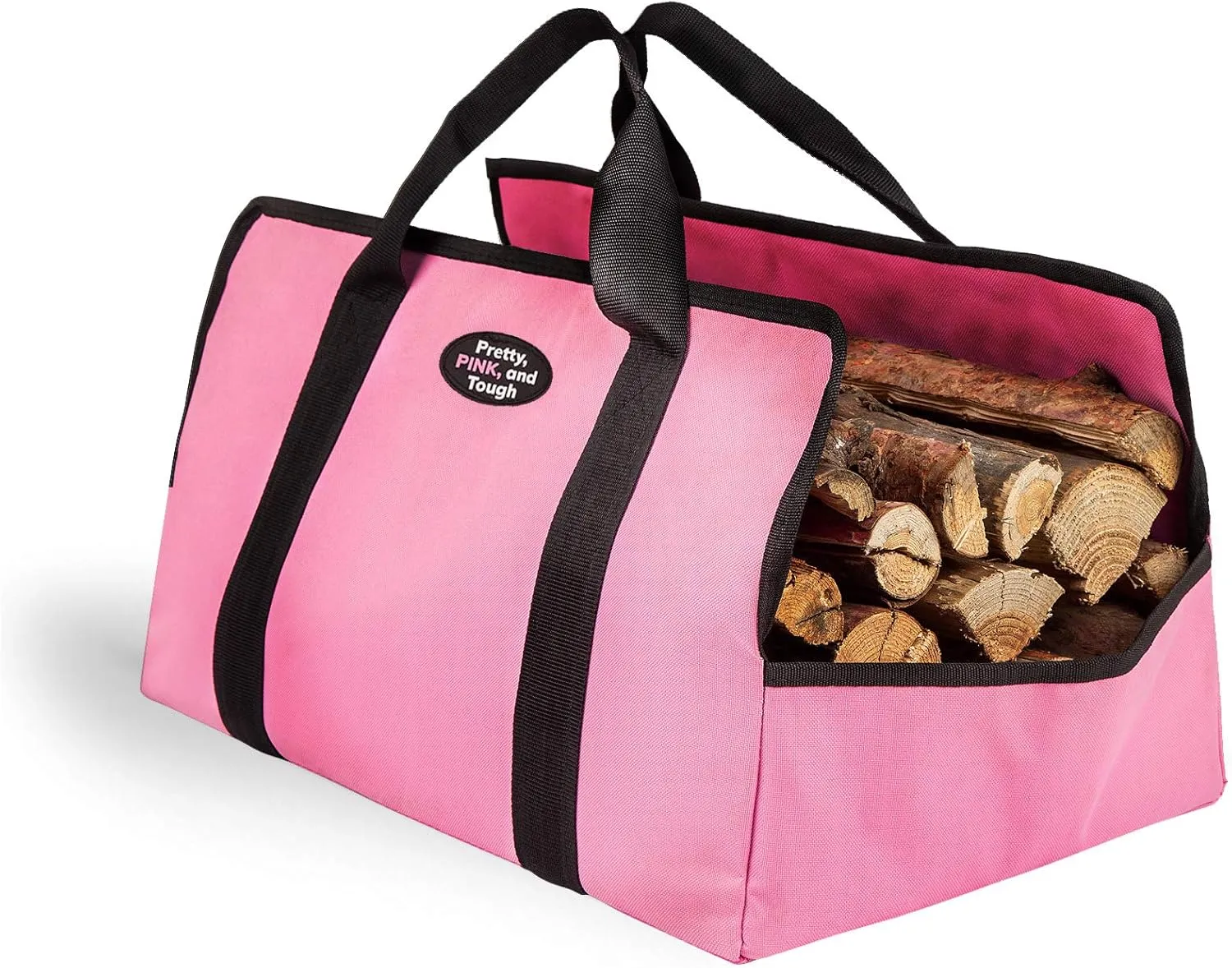 Firewood Tote Bag - Oxford Fabric Log Carrier with Handles & Heavy Duty Straps - Large Durable Wood Holder with Wide Opening - Wood Stove & Fireplace Accessories - 21 x 13 x 12 Inch, Pink
