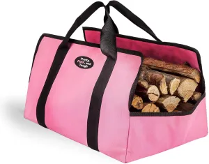 Firewood Tote Bag - Oxford Fabric Log Carrier with Handles & Heavy Duty Straps - Large Durable Wood Holder with Wide Opening - Wood Stove & Fireplace Accessories - 21 x 13 x 12 Inch, Pink