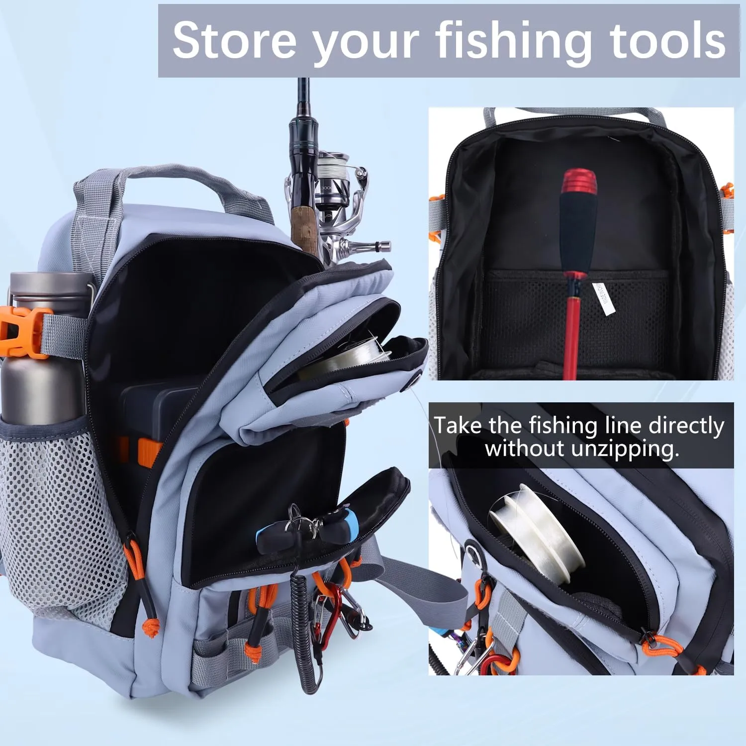 Fishing Backpack Tackle Storage Bag with Rod Holder,Lightweight Outdoor Water-Resistant Fish Shoulder Storage Bag for Fishing, Hunting, Camping and Hiking (Grey)