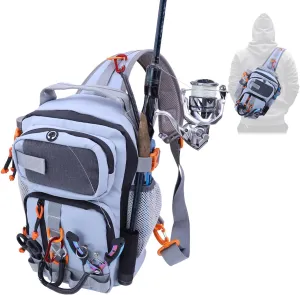 Fishing Backpack Tackle Storage Bag with Rod Holder,Lightweight Outdoor Water-Resistant Fish Shoulder Storage Bag for Fishing, Hunting, Camping and Hiking (Grey)