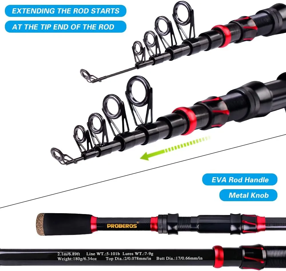 Fishing Rod and Reel Combo, 6.9ft Carbon Fiber Telescopic Fishing Pole with Spinning/Baitcasting Reel Combos, Sea Saltwater Freshwater Ice Bass Fishing Tackle Set Fishing Rods Kit