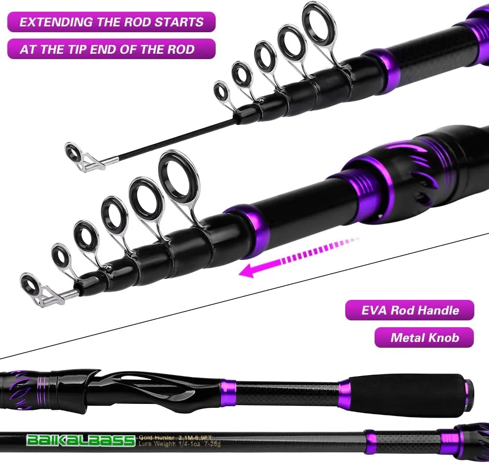 Fishing Rod and Reel Combo - 6.9ft Telescopic Spincast Rod with Left Handed Baitcasting Reel Combos - Sea Saltwater Freshwater Ice Bass Fishing Tackle Set - Fishing Rods Kit