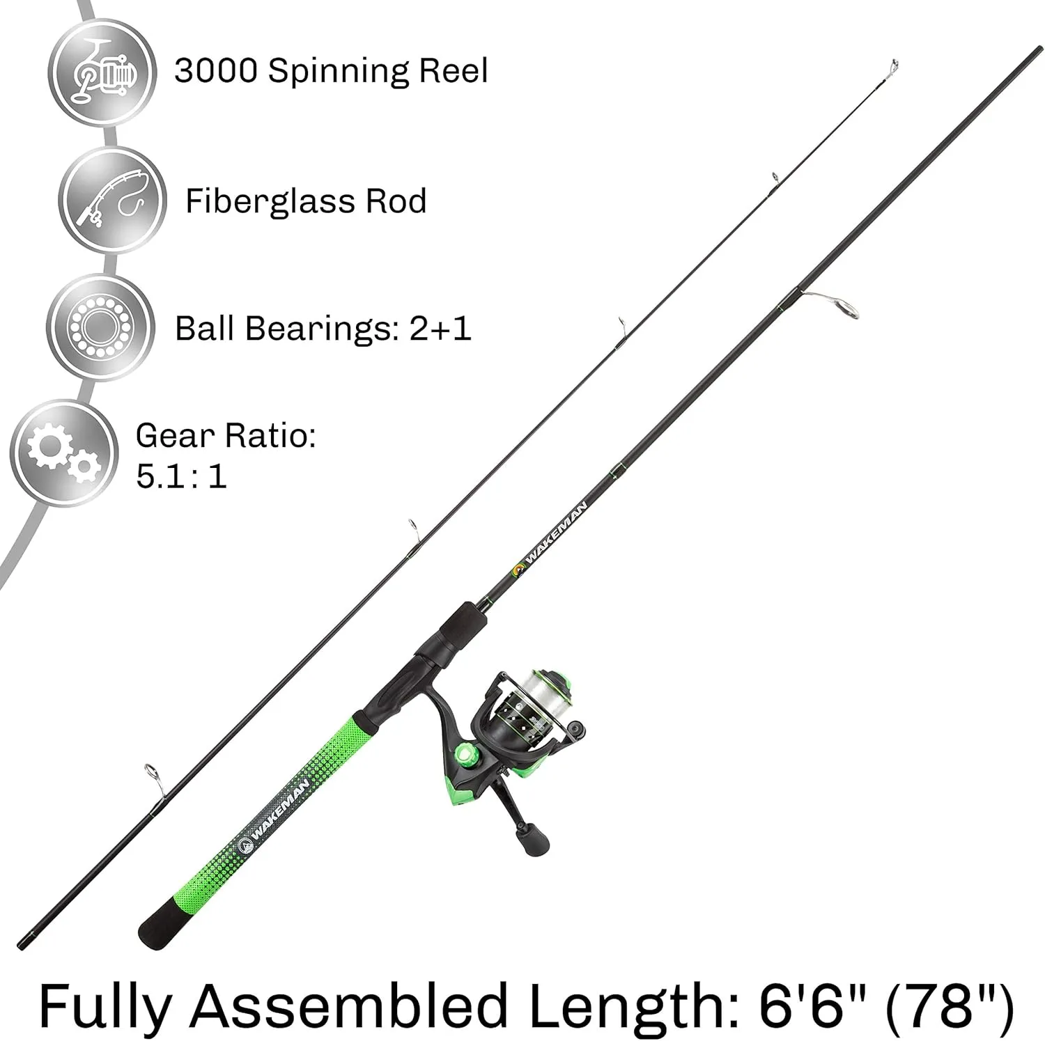 Fishing Rod and Reel Combo - Carbon Pole with Pre-Spooled Spinning Reel and Golf Grip Handle for Bass, Trout, Salmon, or Catfish by Wakeman