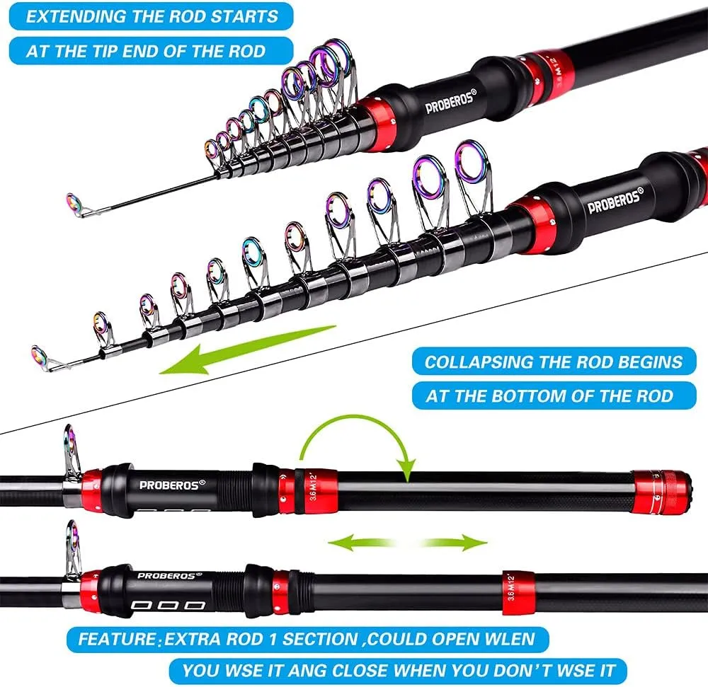 Fishing Rod and Reel with Accessories Kit, Fishing Pole and Spinning Reel Combo with Line, Lure, Bait, Hooks and Carrier Bag, for All Season Fishing on Rafts, Rivers, Lakes, etc.