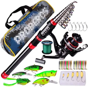 Fishing Rod and Reel with Accessories Kit, Fishing Pole and Spinning Reel Combo with Line, Lure, Bait, Hooks and Carrier Bag, for All Season Fishing on Rafts, Rivers, Lakes, etc.