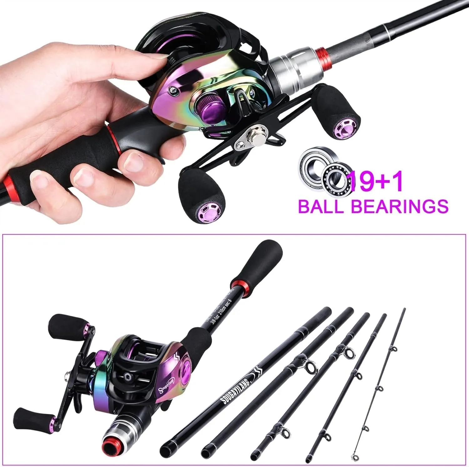 Fishing Rod Fishing Pole 1.8m/2.1m M Power Carbon Fiber Baitcsting 5/6Sections Rod and 18 1BB Left/Right Hand Casting Reel Fishing Combos Set Fishing Pole Kit