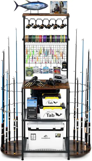 Fishing Rod Holders for Garage,Large Capacity Fishing Pole Holders for Garge, Holds 24 Fishing Rod Tackle Storage, Fishing Rod Tackle Fishing Gear and Equipment Organizer, Brown
