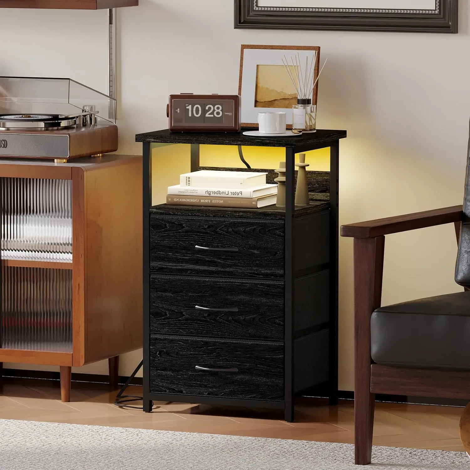 Fixwal Night Stand with Charging Station, LED Nightstand with Fabric Drawers, End Table with PU Finish, Bed Side Table, Black Oak
