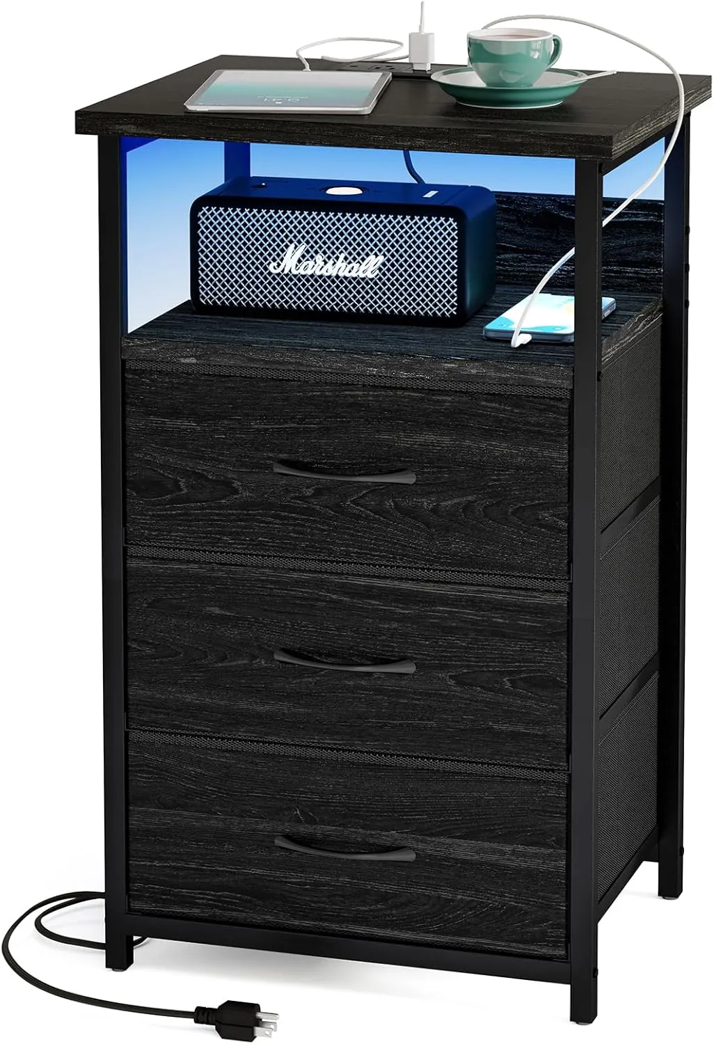 Fixwal Night Stand with Charging Station, LED Nightstand with Fabric Drawers, End Table with PU Finish, Bed Side Table, Black Oak