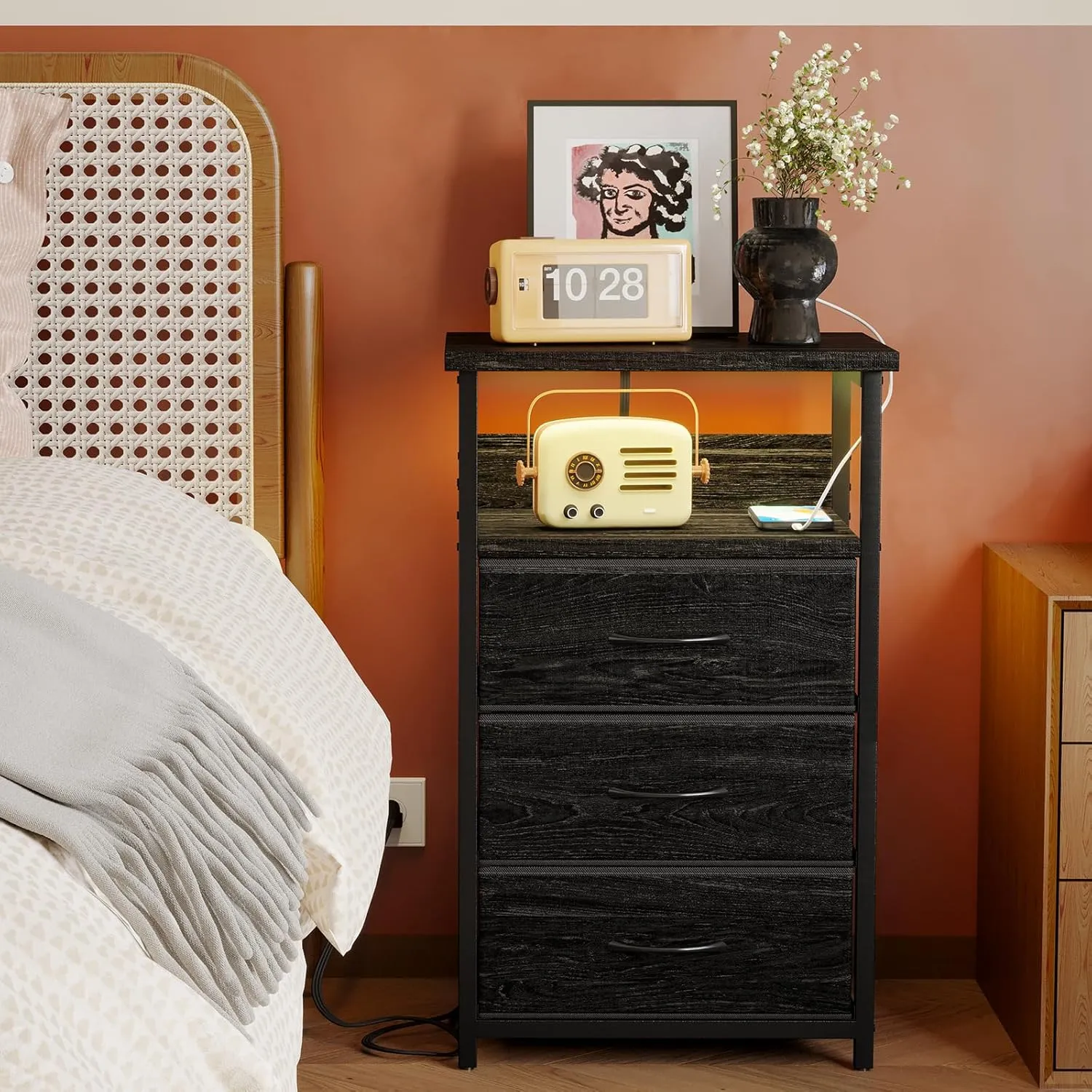 Fixwal Night Stand with Charging Station, LED Nightstand with Fabric Drawers, End Table with PU Finish, Bed Side Table, Black Oak