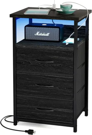 Fixwal Night Stand with Charging Station, LED Nightstand with Fabric Drawers, End Table with PU Finish, Bed Side Table, Black Oak