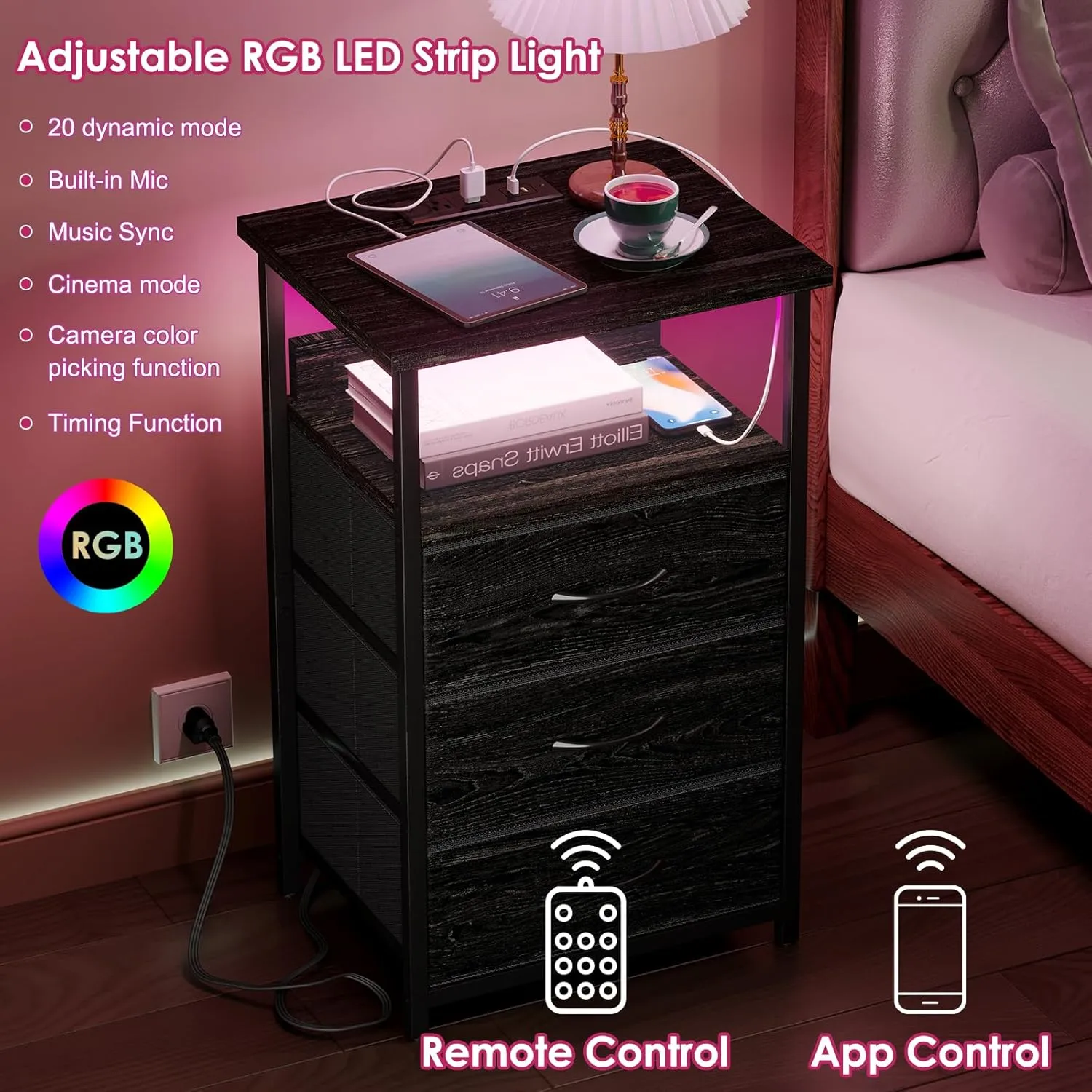 Fixwal Night Stand with Charging Station, LED Nightstand with Fabric Drawers, End Table with PU Finish, Bed Side Table, Black Oak