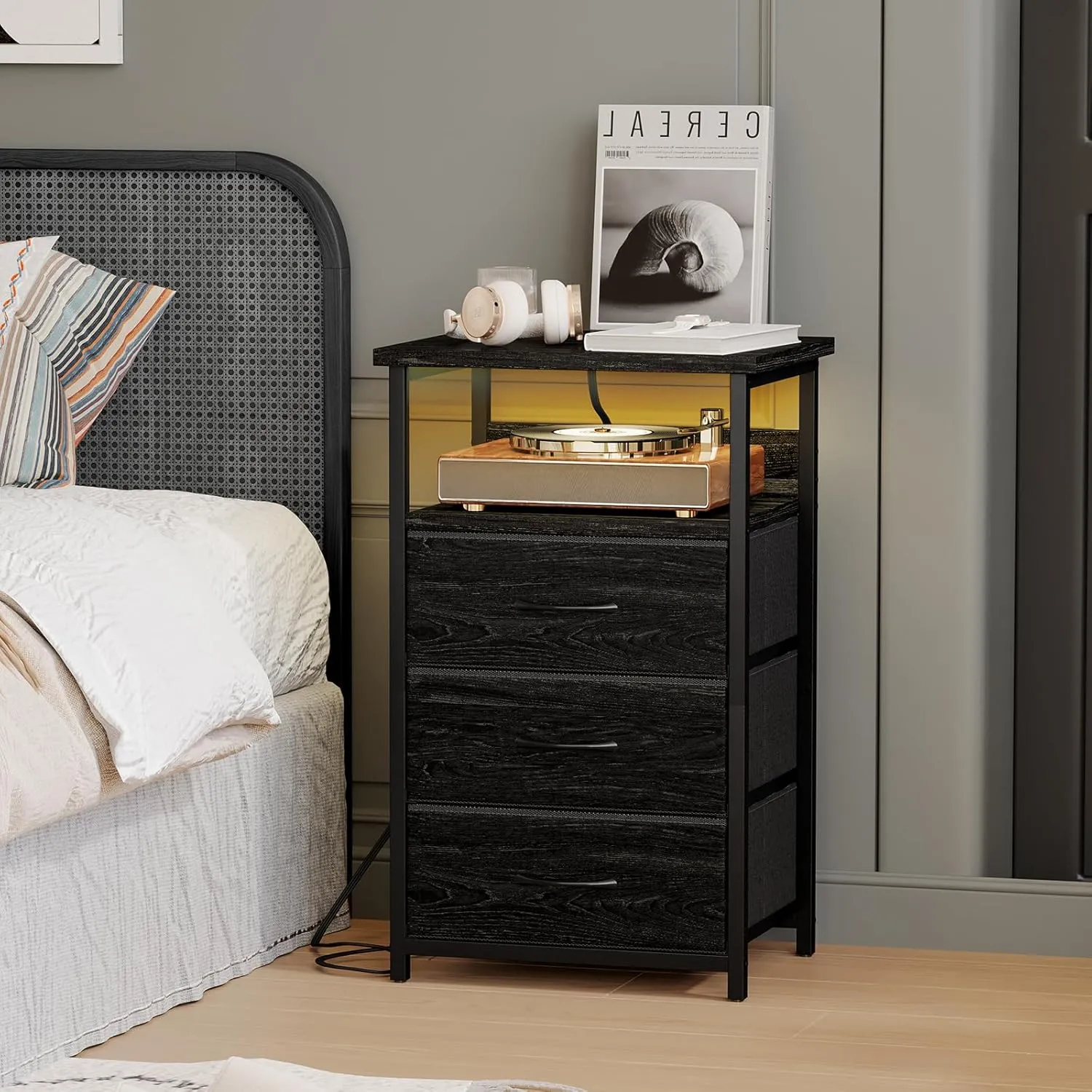 Fixwal Night Stand with Charging Station, LED Nightstand with Fabric Drawers, End Table with PU Finish, Bed Side Table, Black Oak