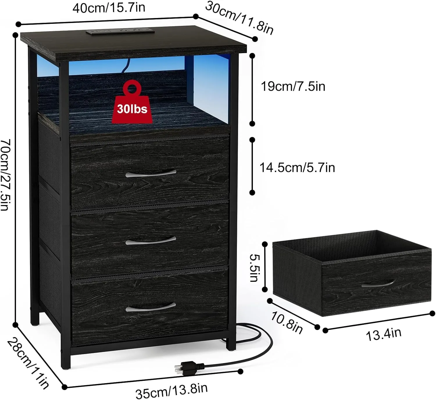 Fixwal Night Stand with Charging Station, LED Nightstand with Fabric Drawers, End Table with PU Finish, Bed Side Table, Black Oak