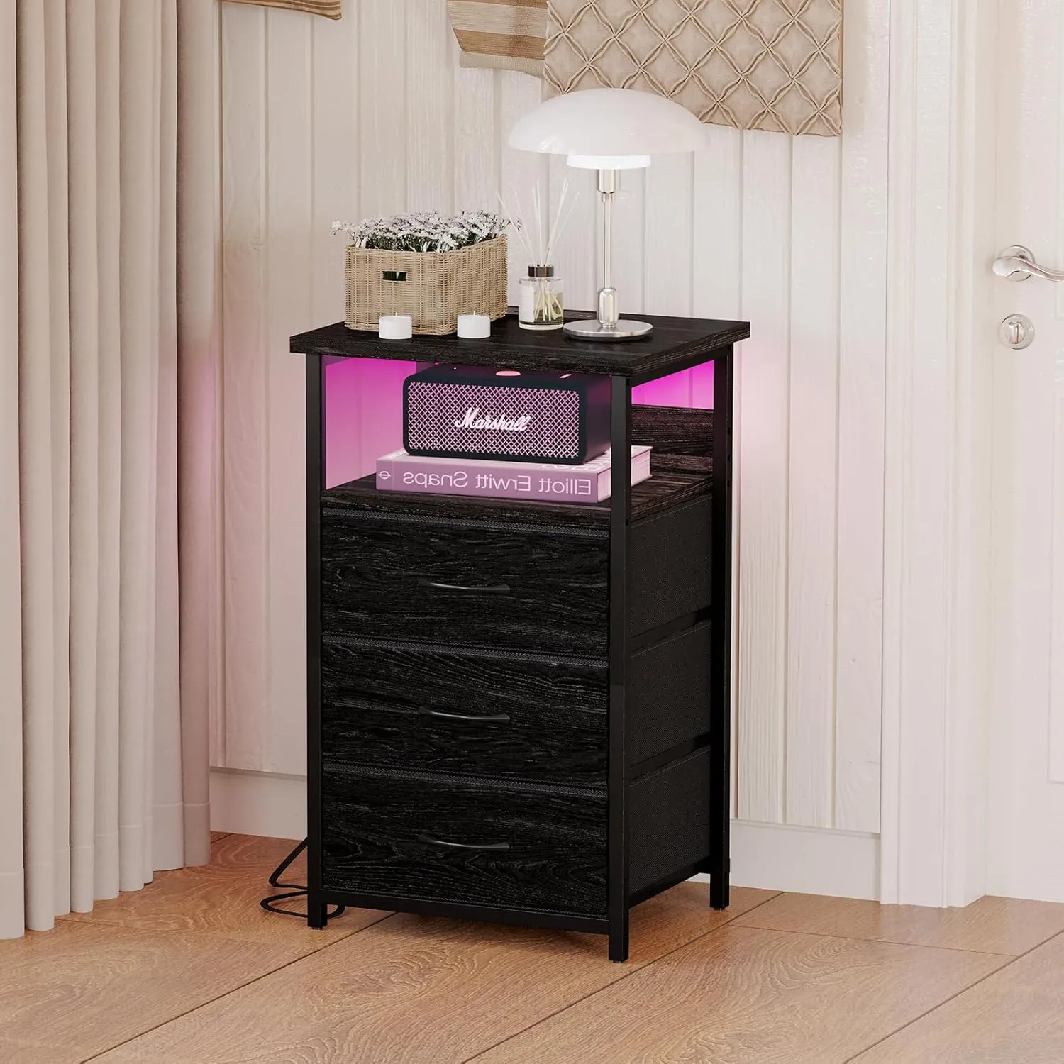 Fixwal Night Stand with Charging Station, LED Nightstand with Fabric Drawers, End Table with PU Finish, Bed Side Table, Black Oak