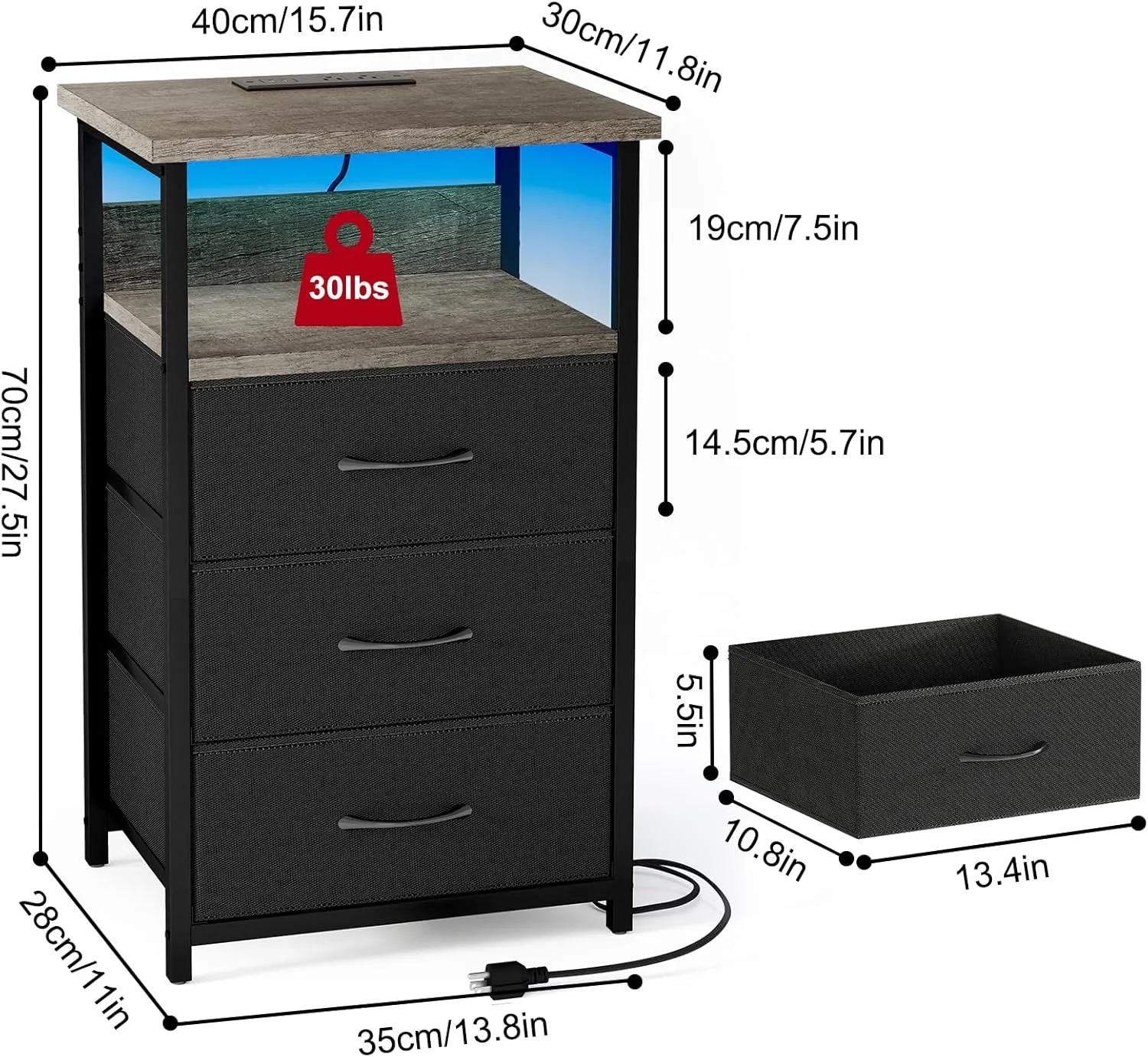 Fixwal Night Stand with Charging Station, LED Nightstand with Fabric Drawers, End Table with PU Finish, Bed Side Table, French Oak
