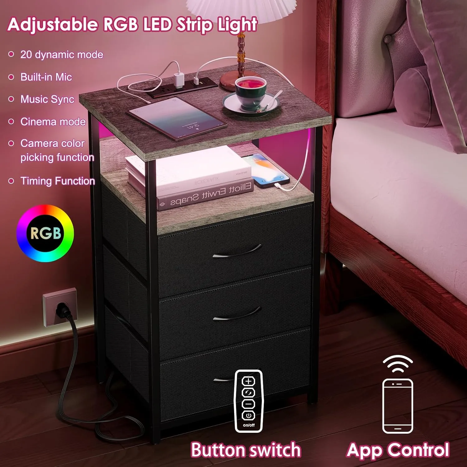 Fixwal Night Stand with Charging Station, LED Nightstand with Fabric Drawers, End Table with PU Finish, Bed Side Table, French Oak