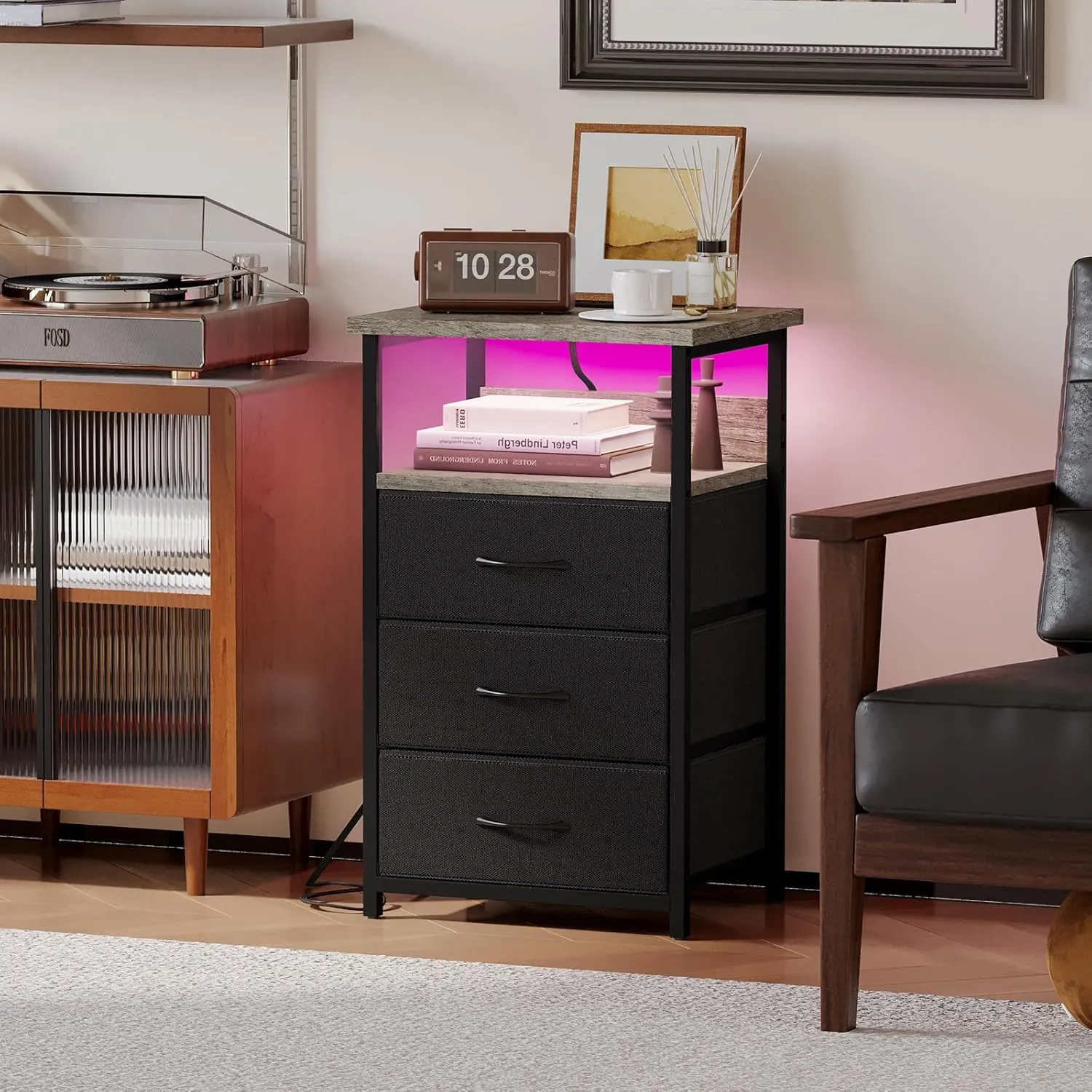 Fixwal Night Stand with Charging Station, LED Nightstand with Fabric Drawers, End Table with PU Finish, Bed Side Table, French Oak