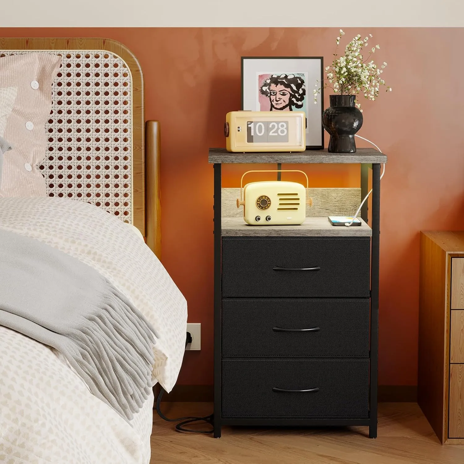 Fixwal Night Stand with Charging Station, LED Nightstand with Fabric Drawers, End Table with PU Finish, Bed Side Table, French Oak