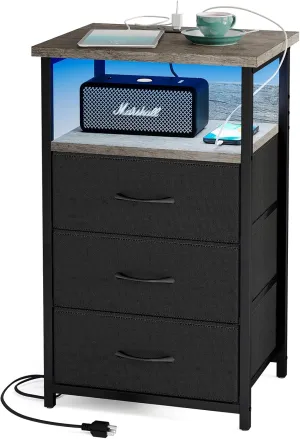 Fixwal Night Stand with Charging Station, LED Nightstand with Fabric Drawers, End Table with PU Finish, Bed Side Table, French Oak