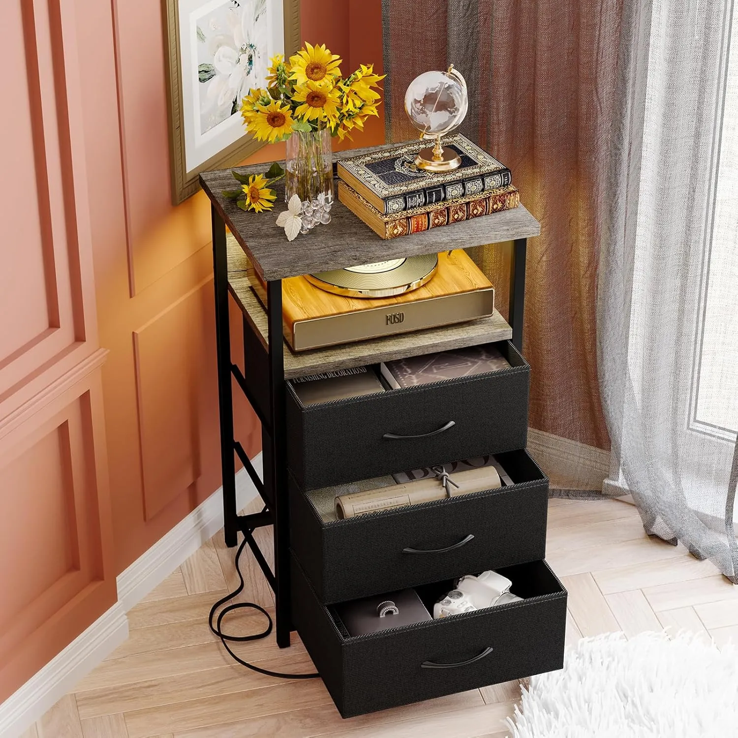 Fixwal Night Stand with Charging Station, LED Nightstand with Fabric Drawers, End Table with PU Finish, Bed Side Table, French Oak