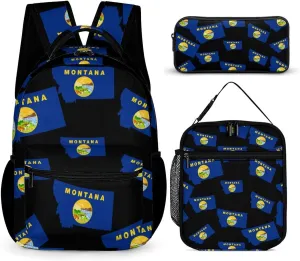 Flag Map of Montana Cute Backpack Set with Lunch Bag and Pencil Case Lightweight Bags Sets