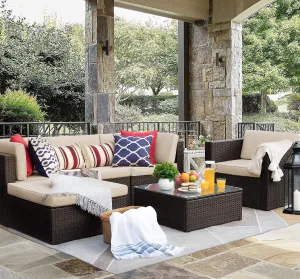 Flamaker 6 Pieces Sectional Outdoor Furniture Patio Sofa Conversation Set with Cushion and Table (Beige)