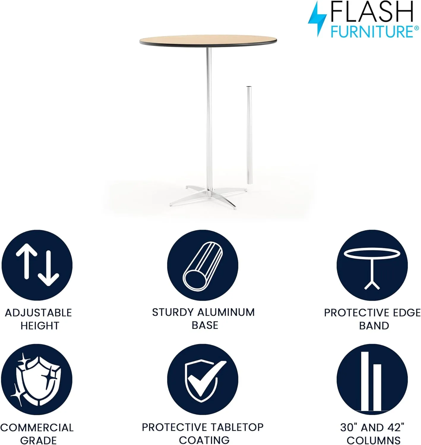 Flash Furniture Lars 36'' Round Wood Cocktail Table with 30'' and 42'' Columns, Adjustable Wood Bar Height Table for Events or Home Use, Natural