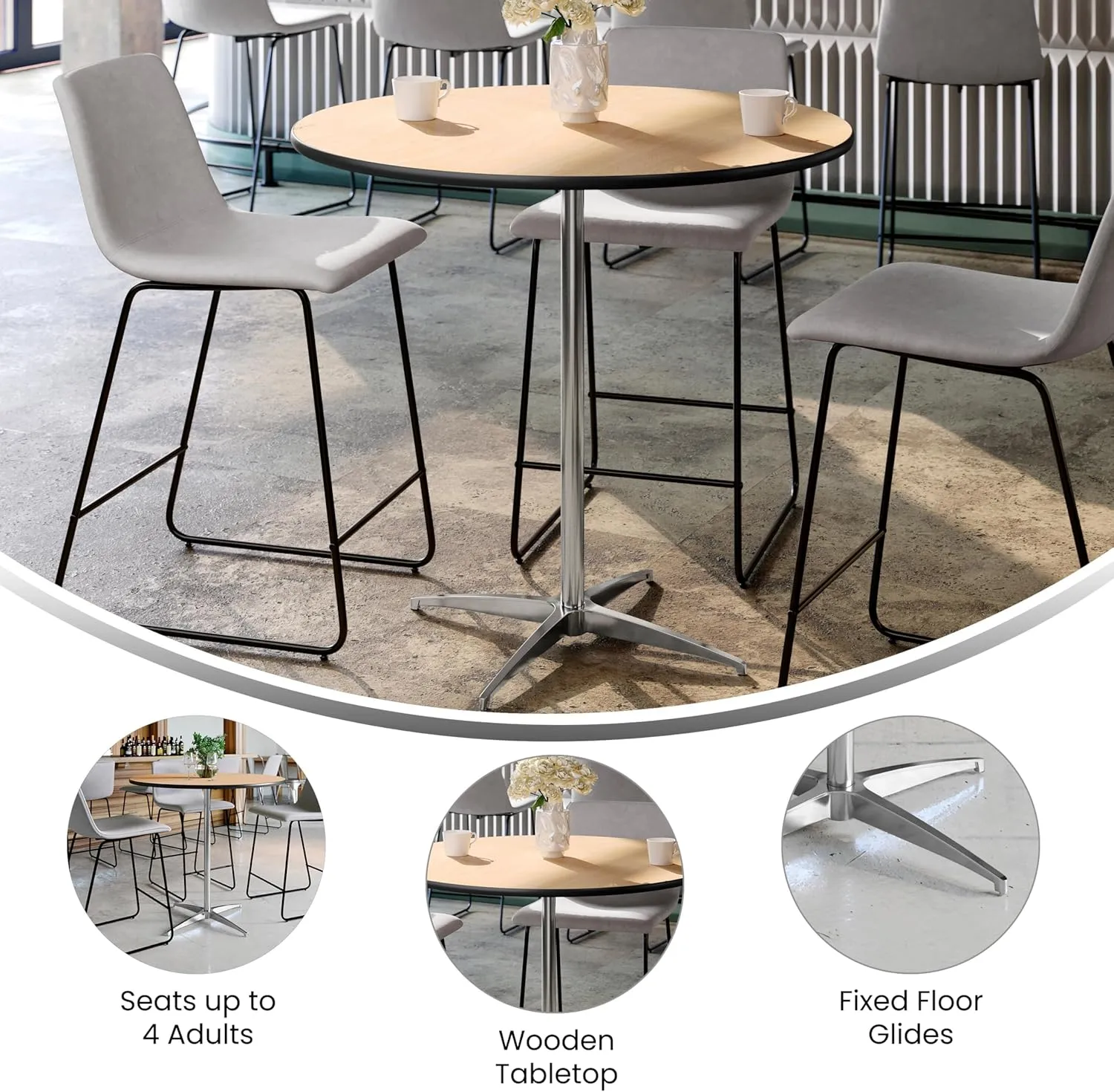 Flash Furniture Lars 36'' Round Wood Cocktail Table with 30'' and 42'' Columns, Adjustable Wood Bar Height Table for Events or Home Use, Natural
