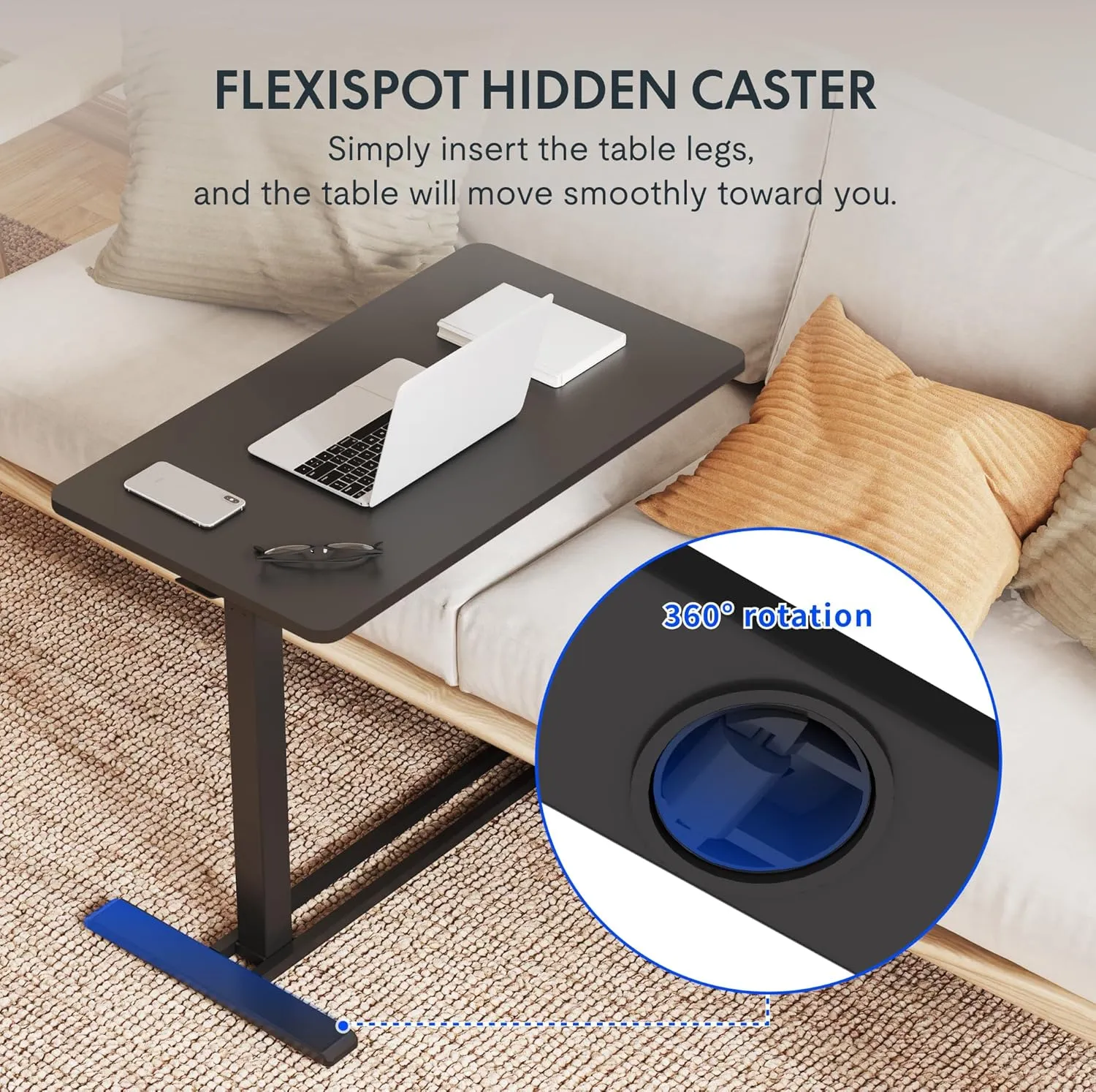FLEXISPOT Adjustable C Table with Wheels, Mobile Snack Side End Table Sofa Couch Bedside Table Laptop Rolling Cart TV Tray Night Stand Small Space Side Table,(27.6" W x 15.7" D,Black)