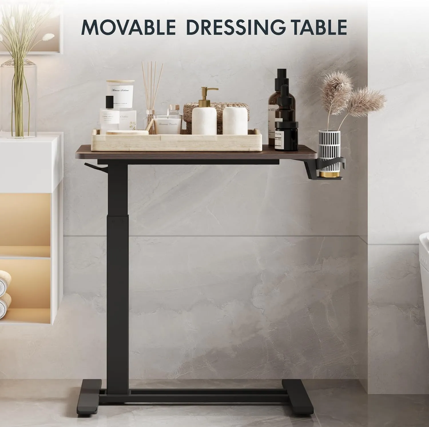 FLEXISPOT H7 Adjustable Overbed Bedside Table with Wheels Pneumatic Mobile Standing Desk Laptop Desk Rolling Computer Cart Movable Table Hospital Home Use(27.6" W x 15.7" D, Mahogany Table)