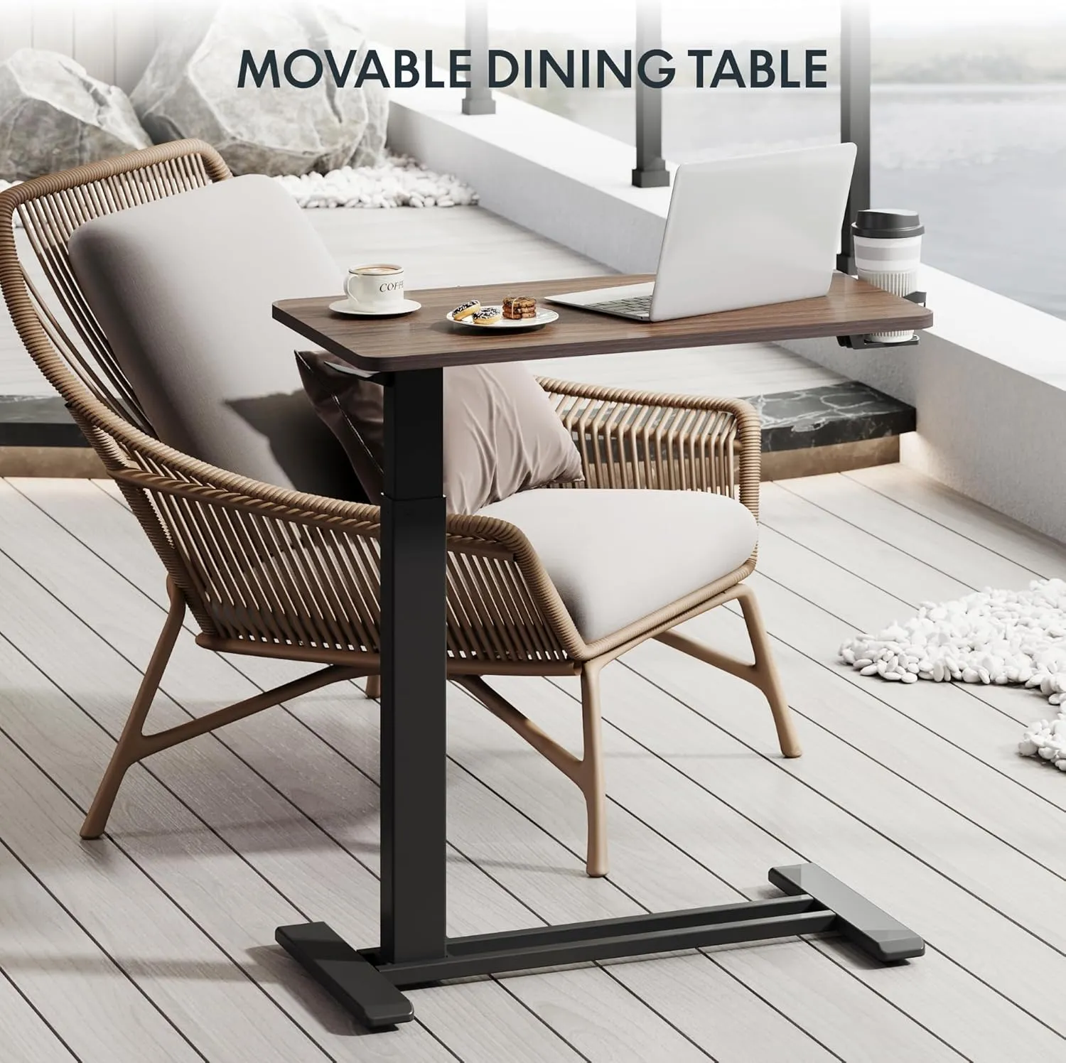 FLEXISPOT H7 Adjustable Overbed Bedside Table with Wheels Pneumatic Mobile Standing Desk Laptop Desk Rolling Computer Cart Movable Table Hospital Home Use(27.6" W x 15.7" D, Mahogany Table)