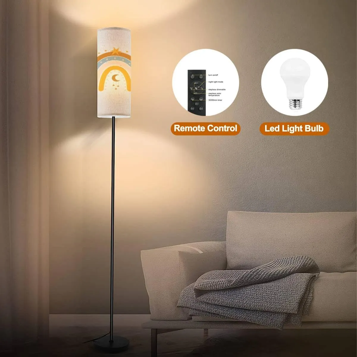 Floor Lamp for Living Room Drawn Boho Rainbow Modern Standing Lamp Remote Control Dimmable Pole Lamp Corner Tall Lamp for Office Bedroom Reading