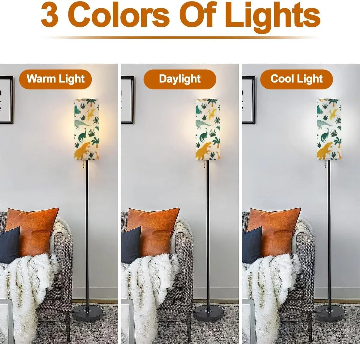 Floor Lamp for Living Room Hand drawn seamless pattern dinosaurs tropical leaves flowers for kids Modern Standing Lamp Remote Control Dimmable Pole Lamp Corner Tall Lamp for Office Bedroom Reading