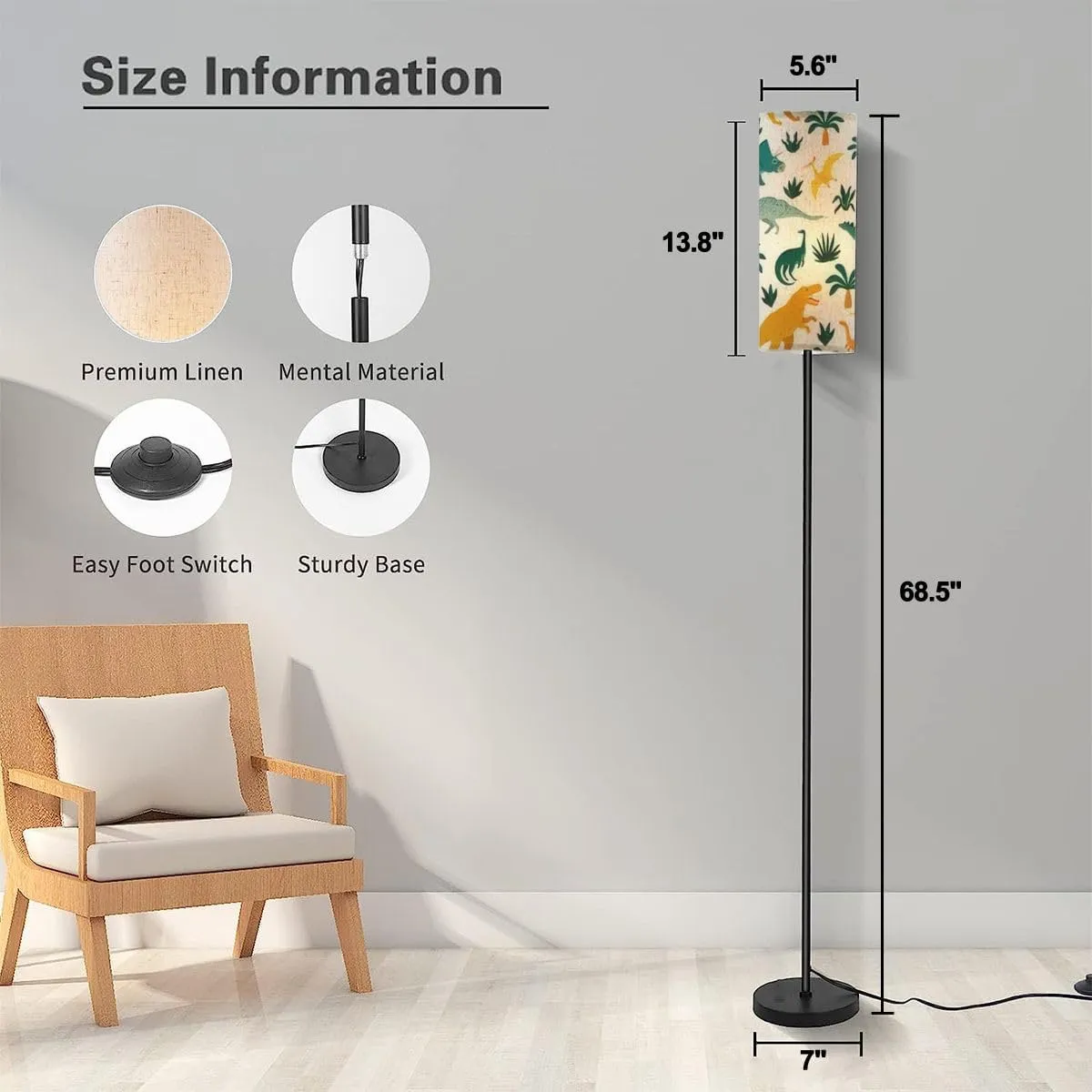 Floor Lamp for Living Room Hand drawn seamless pattern dinosaurs tropical leaves flowers for kids Modern Standing Lamp Remote Control Dimmable Pole Lamp Corner Tall Lamp for Office Bedroom Reading