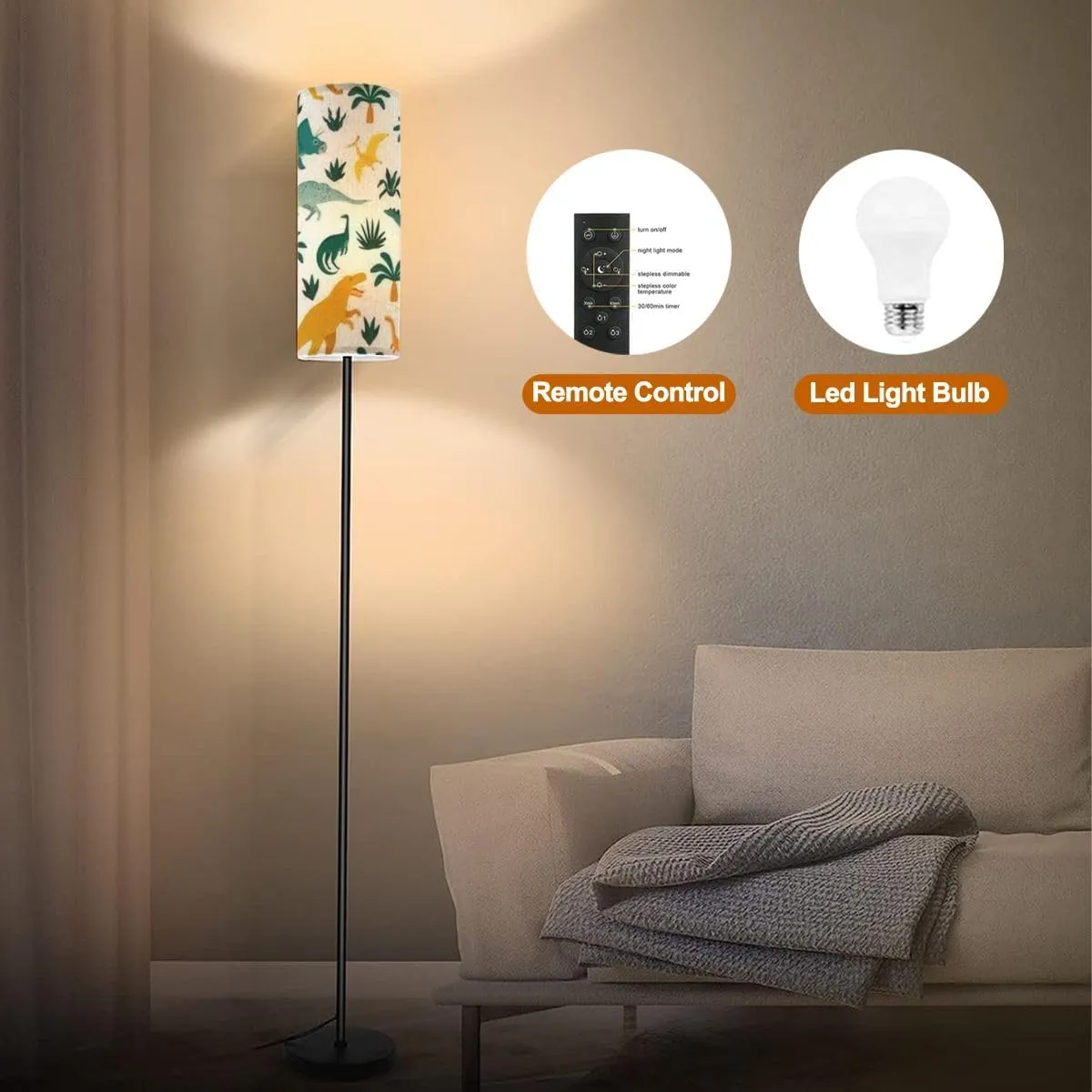 Floor Lamp for Living Room Hand drawn seamless pattern dinosaurs tropical leaves flowers for kids Modern Standing Lamp Remote Control Dimmable Pole Lamp Corner Tall Lamp for Office Bedroom Reading