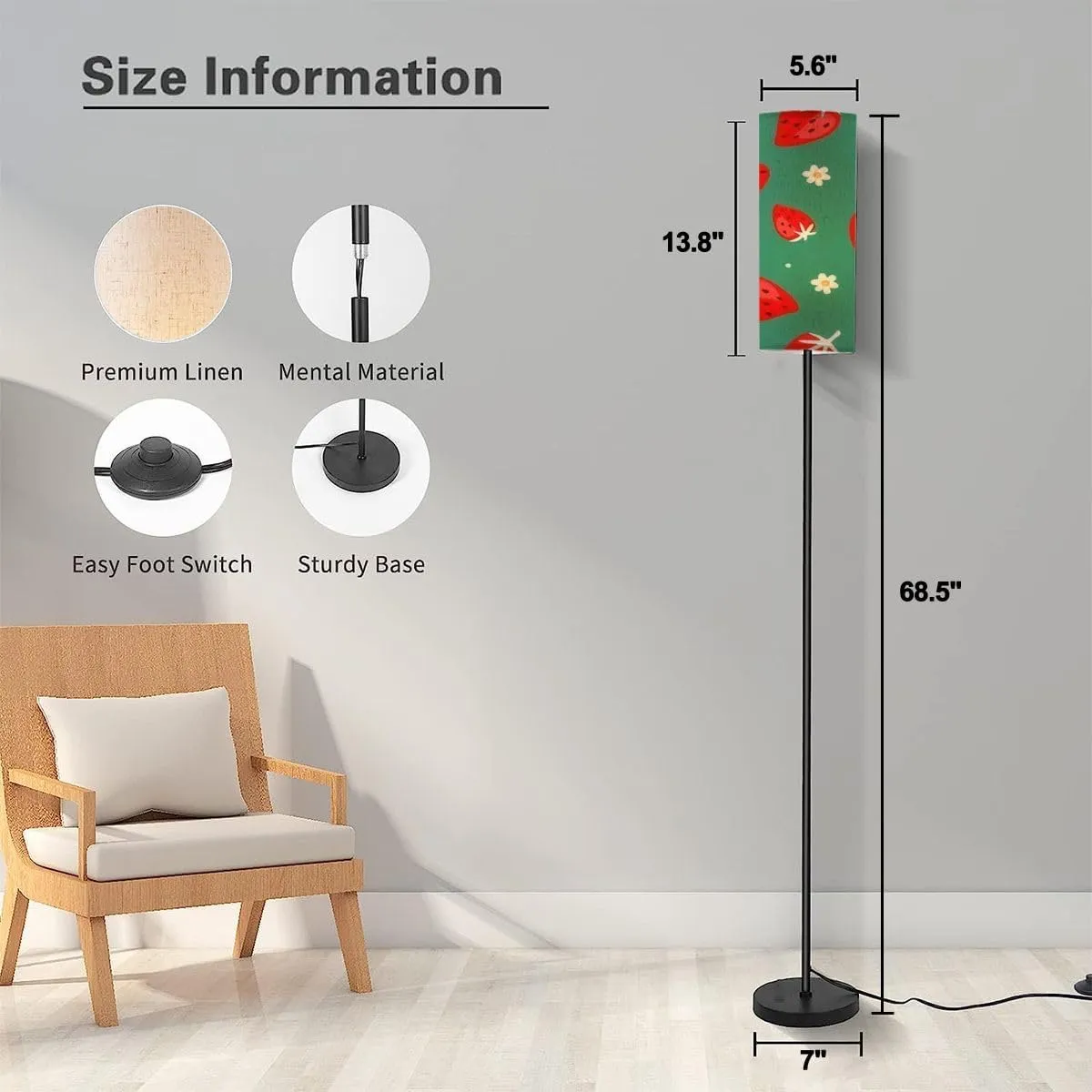 Floor Lamp for Living Room Seamless pattern abstract strawberries flowers Summer natural print Modern Standing Lamp Remote Control Dimmable Pole Lamp Corner Tall Lamp for Office Bedroom Reading