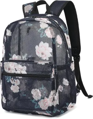 Floral Mesh Backpack for Girls Women, See Through Casual School College Student Bookbag