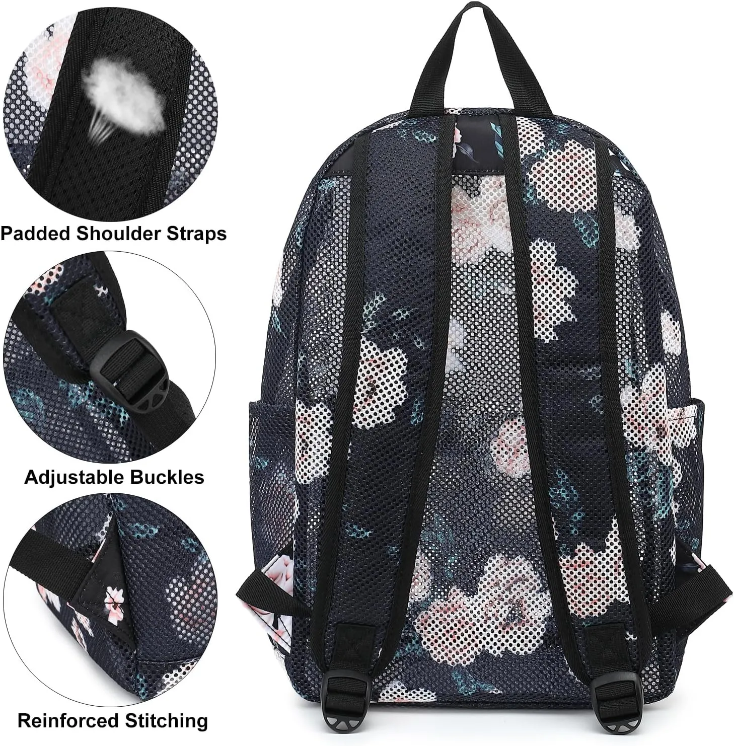 Floral Mesh Backpack for Girls Women, See Through Casual School College Student Bookbag