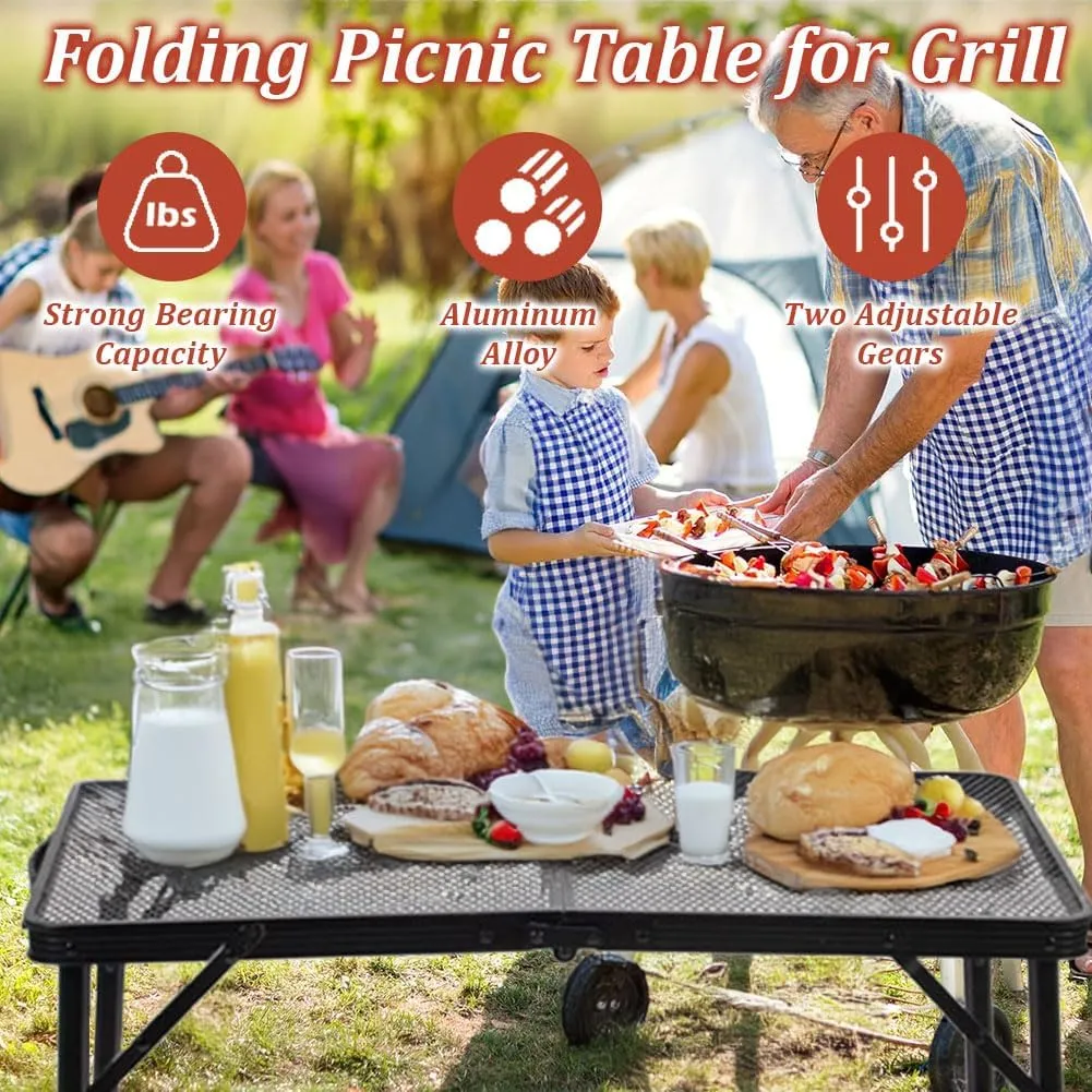 Foldable Grill Table, 47.27 x23.62 x26.37 Portable Camping Table for Outside, Adjustable Height Folding Table with Mesh Bag, Lightweight Outdoor Table for Camping, Picnic, BBQ
