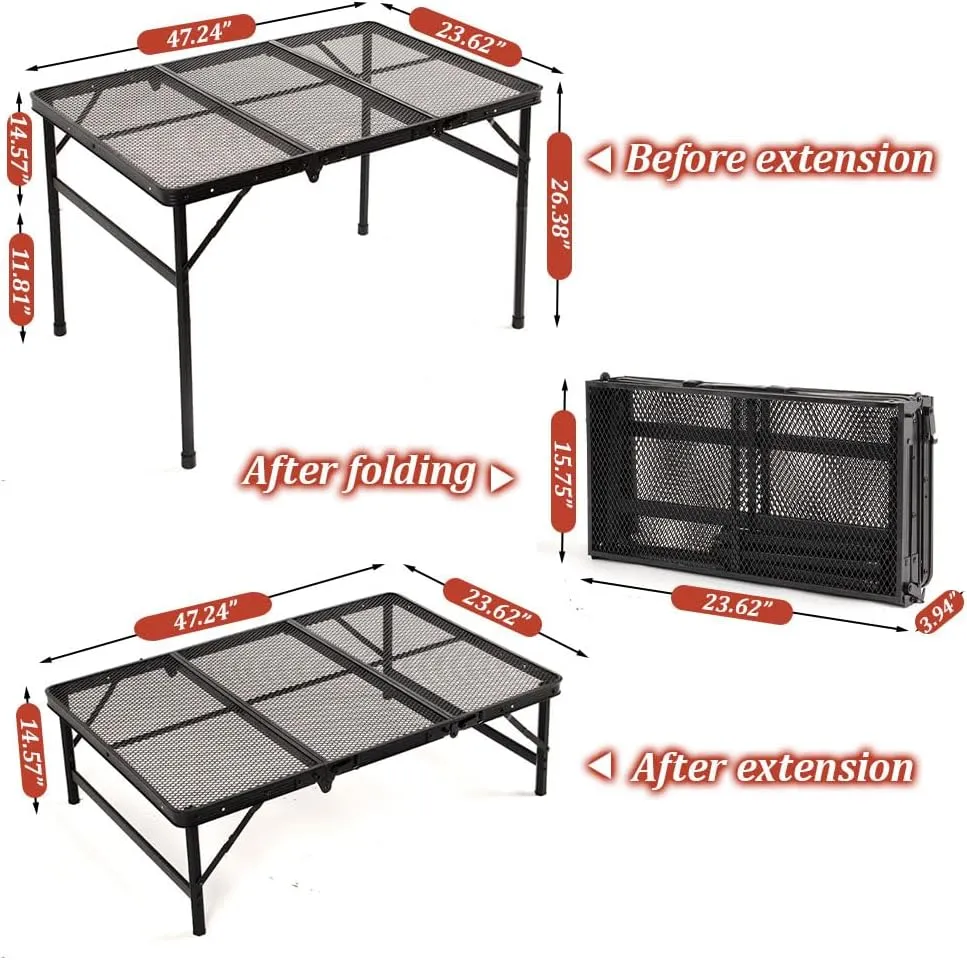 Foldable Grill Table, 47.27 x23.62 x26.37 Portable Camping Table for Outside, Adjustable Height Folding Table with Mesh Bag, Lightweight Outdoor Table for Camping, Picnic, BBQ