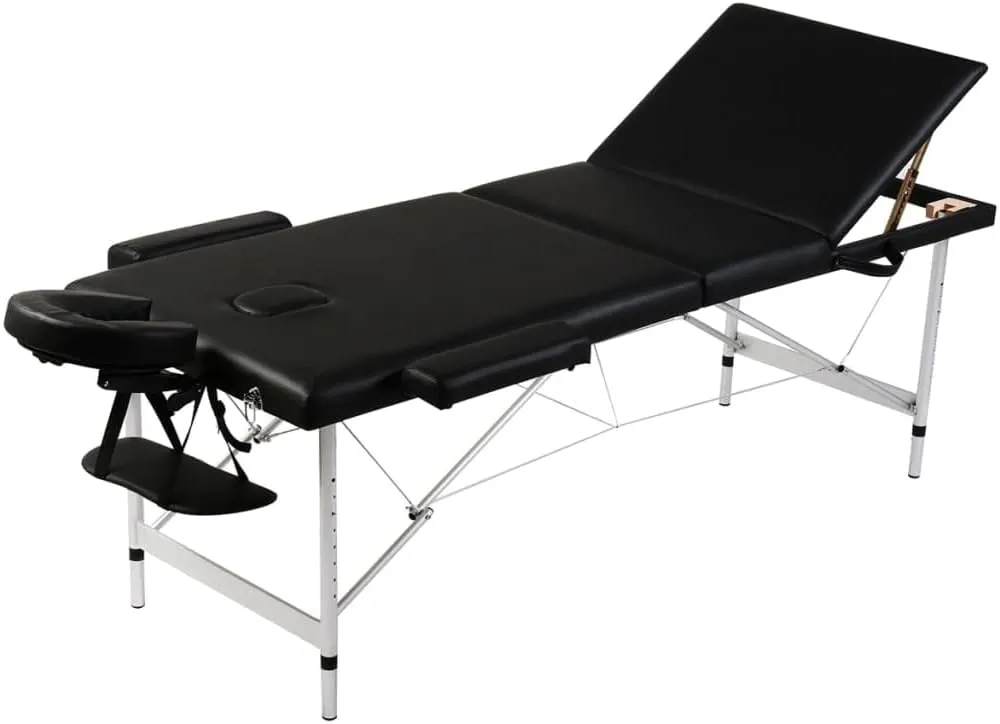Foldable Massage Table 3 Zones with Aluminum Frame, Adjustable Height, Comfortable Foam Padding, Black