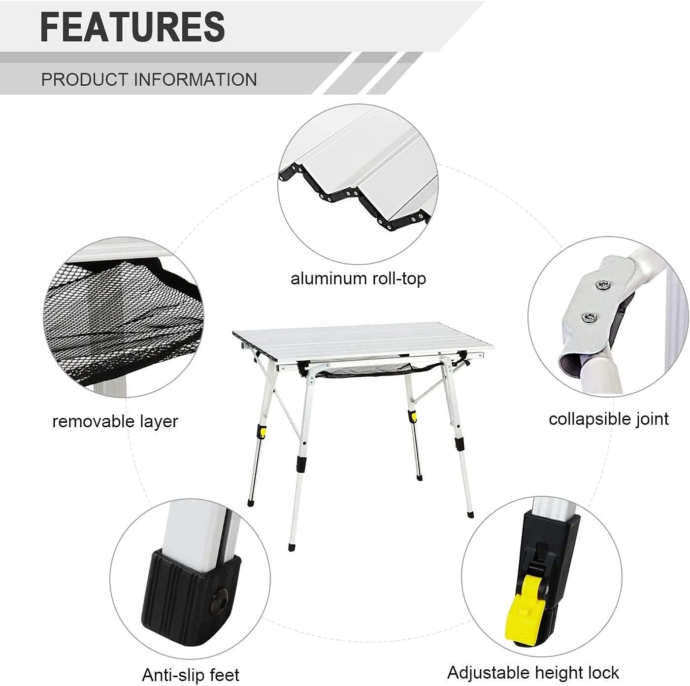 Folding Aluminium Camping Table,portable Picnic Folding Table,top Mesh Layer,with Height Adjustable Legs Roll Up Table,for Picnic Garden Camping,Woodcolor