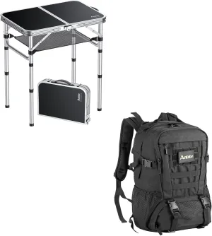 Folding Camping Table, Aluminum 24" x 16" Adjustable Height Small Folding Table with Carrying Handle & 45 L Hiking Backpack Lightweight Camping Backpack