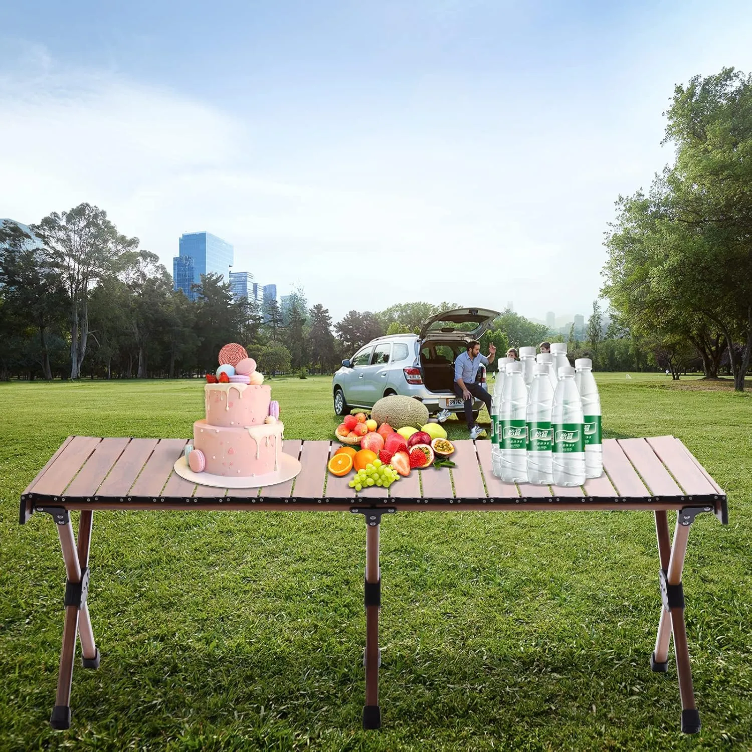 Folding Camping Table Aluminum Alloy Portable Roll-Up Picnic Table 4-6 Person for BBQ Backyard Patio Party, Foldable Table with Storage Bag, 47.2 * 23.6in, Wood Grain