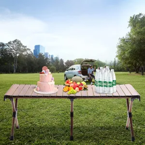 Folding Camping Table Aluminum Alloy Portable Roll-Up Picnic Table 4-6 Person for BBQ Backyard Patio Party, Foldable Table with Storage Bag, 47.2 * 23.6in, Wood Grain