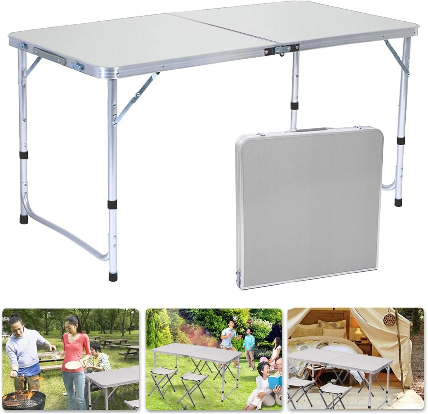 Folding Camping Table Lightweight Portable Table Outdoor Folding Table Heavy Duty Aluminum Alloy Height Adjustable Camping Hiking Backpacking Picnic BBQ Portable Table White 1pc