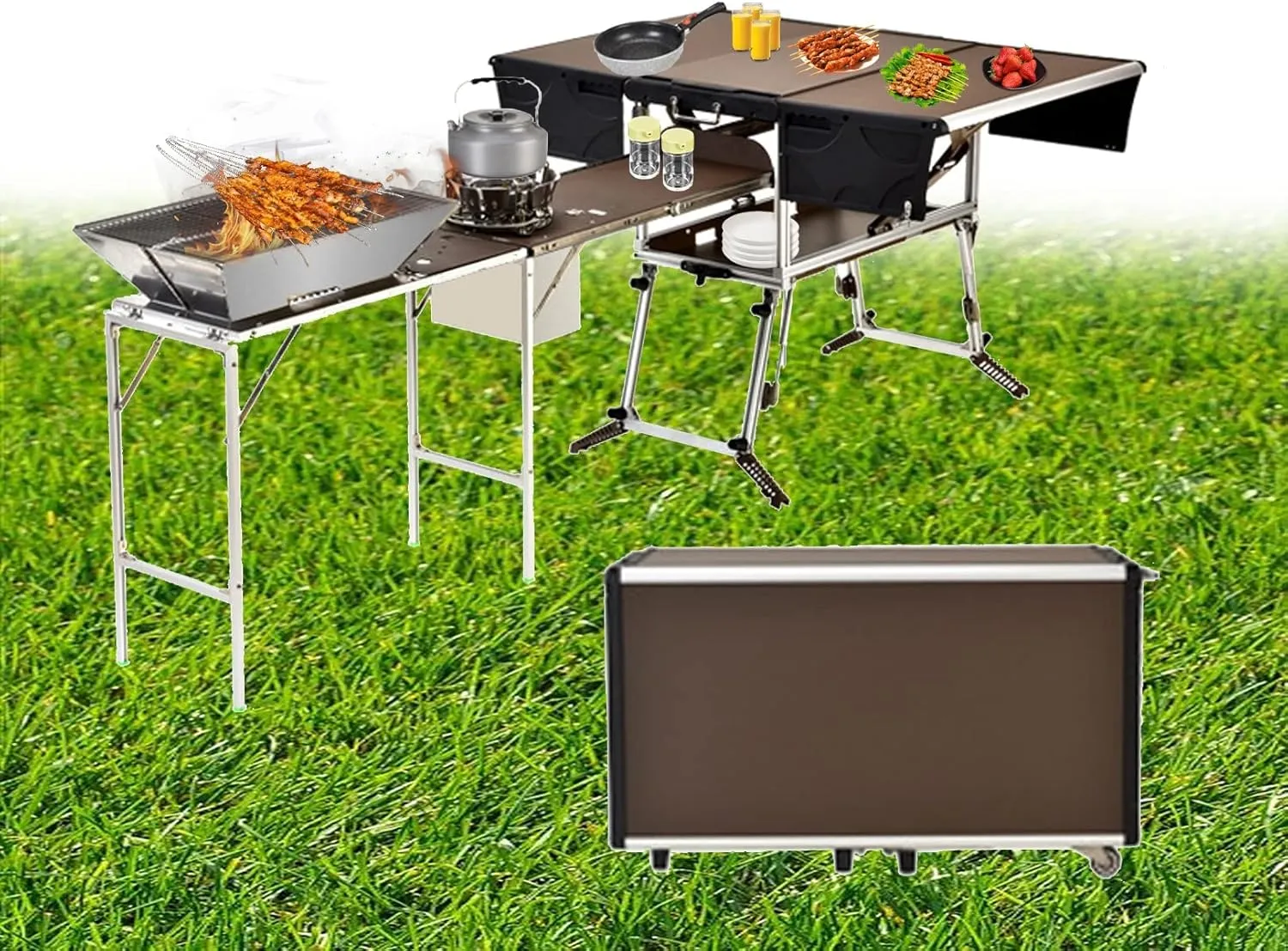 Folding Camping Table, Outdoor Lightweight Mobile Kitchen Table with Hide Organizer, Portable Picnic BBQ Table for Beach Backyard, Package 4