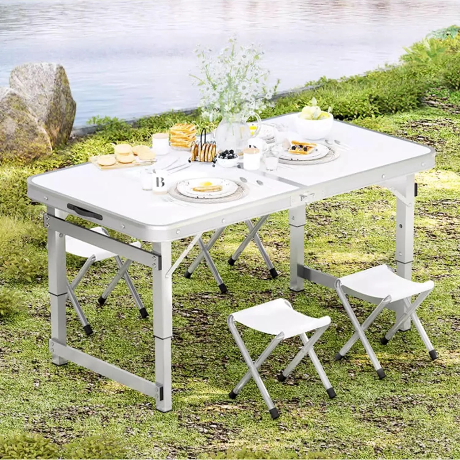 Folding Camping Table Portable Adjustable Height Aluminum Folding Beach Table for Indoor Outdoor Picnic Backyard(Green,120 * 60cm)