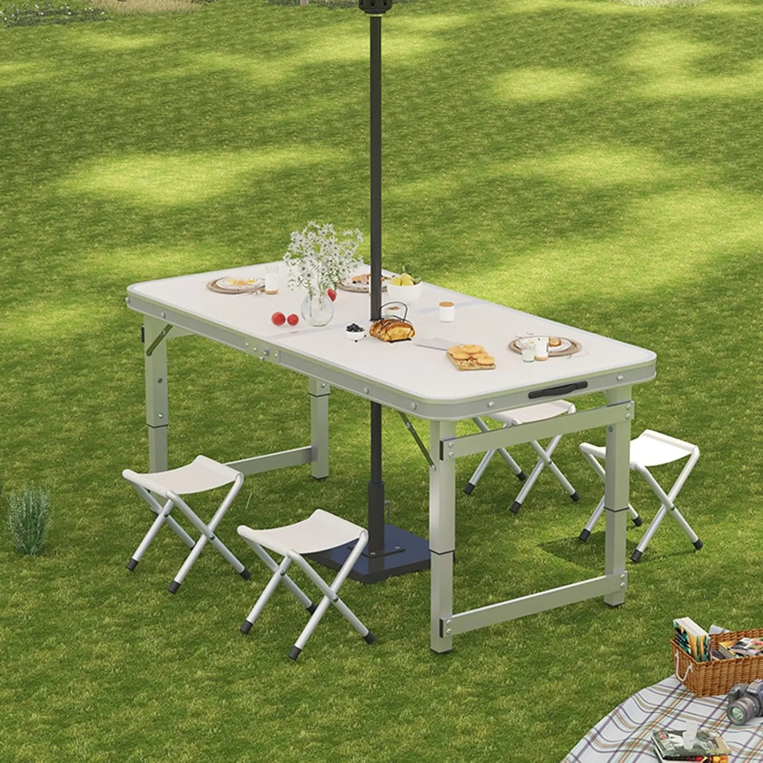 Folding Camping Table Portable Adjustable Height Aluminum Folding Beach Table for Indoor Outdoor Picnic Backyard(Green,120 * 60cm)